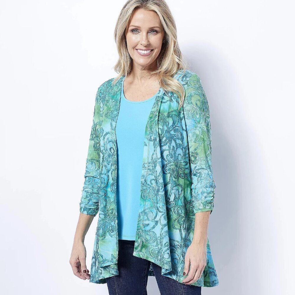 Susan Graver Burnout Knit Turquoise Green Floral Cardigan Size S Petite